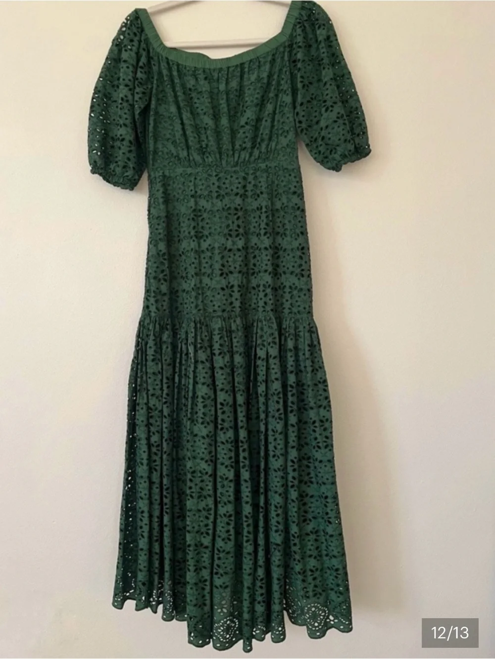 Veronica Beard Forest Green Off-Shoulder Eyelet Midi Dress